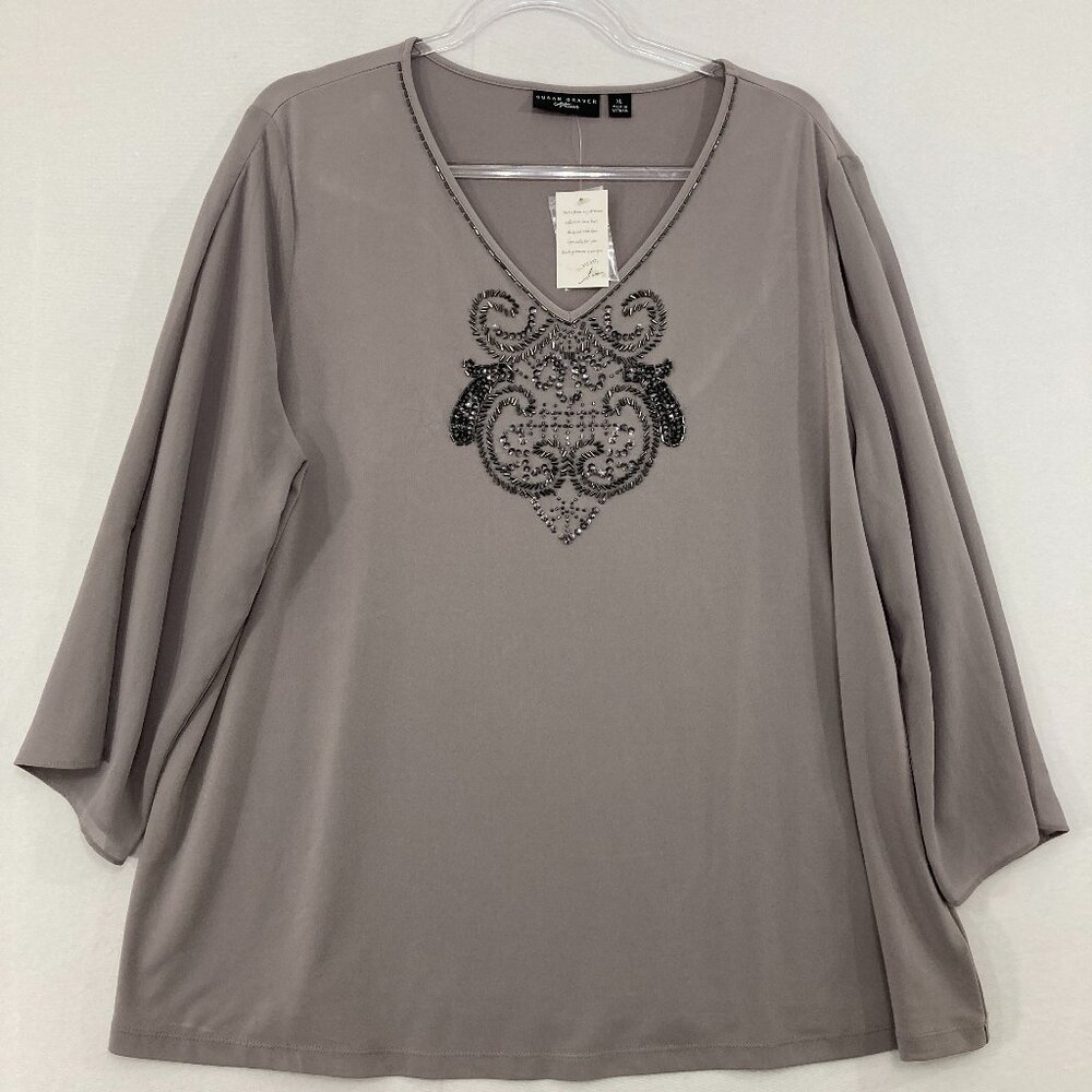 New Susan Graver Top size XL Gray Embellished Stretch Chiffon 3/4 Sleeve Elegant